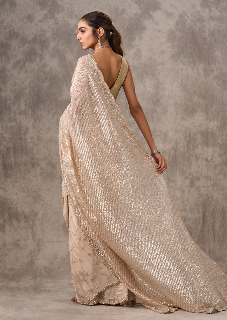 Twamev Women Twinkling Sequin Cream Saree