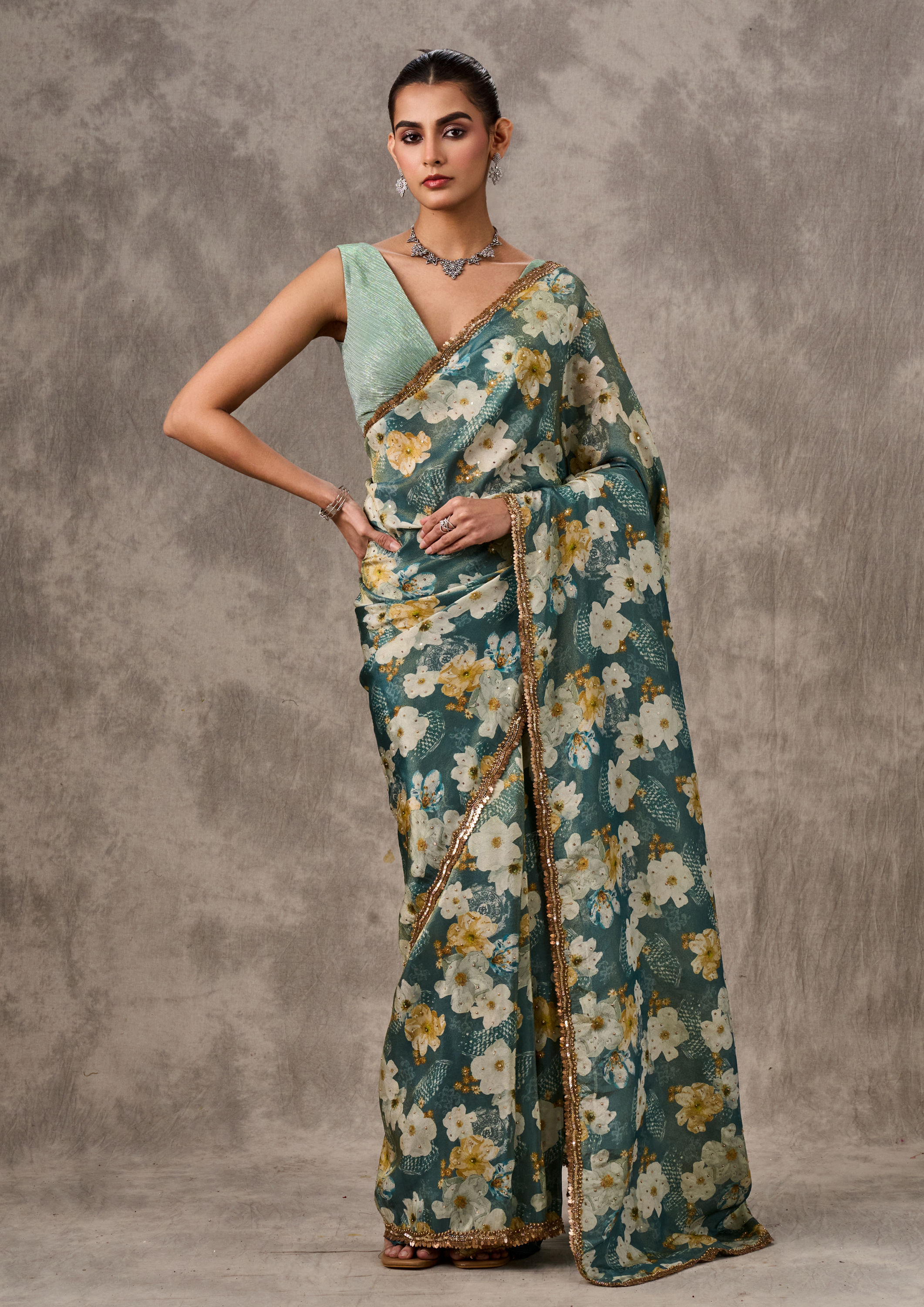 Twamev Women Light Blue Tissue Elegance Saree