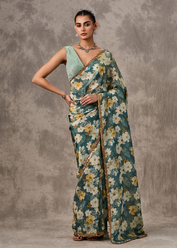 Twamev Women Light Blue Tissue Elegance Saree