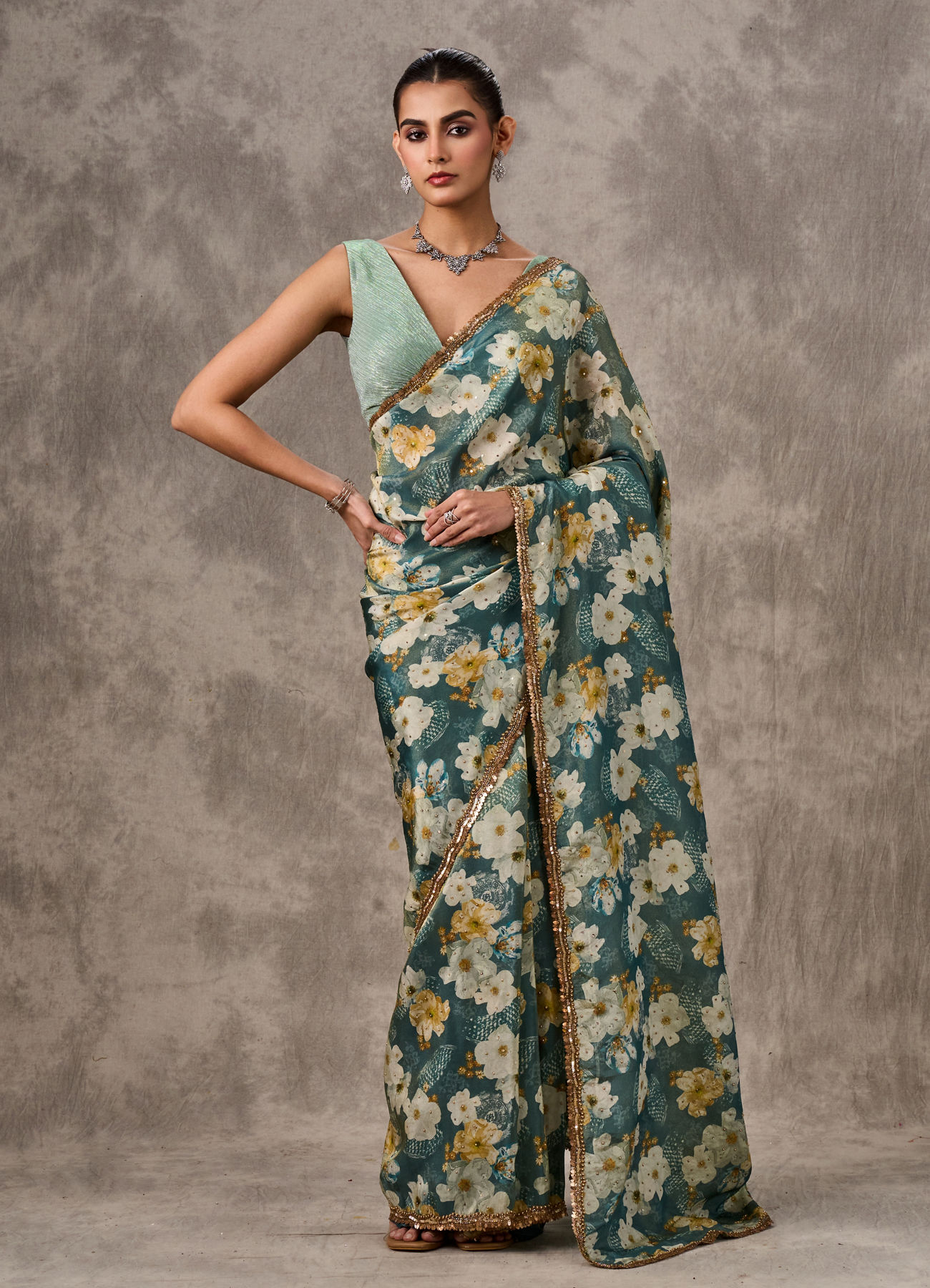 Twamev Women Light Blue Tissue Elegance Saree