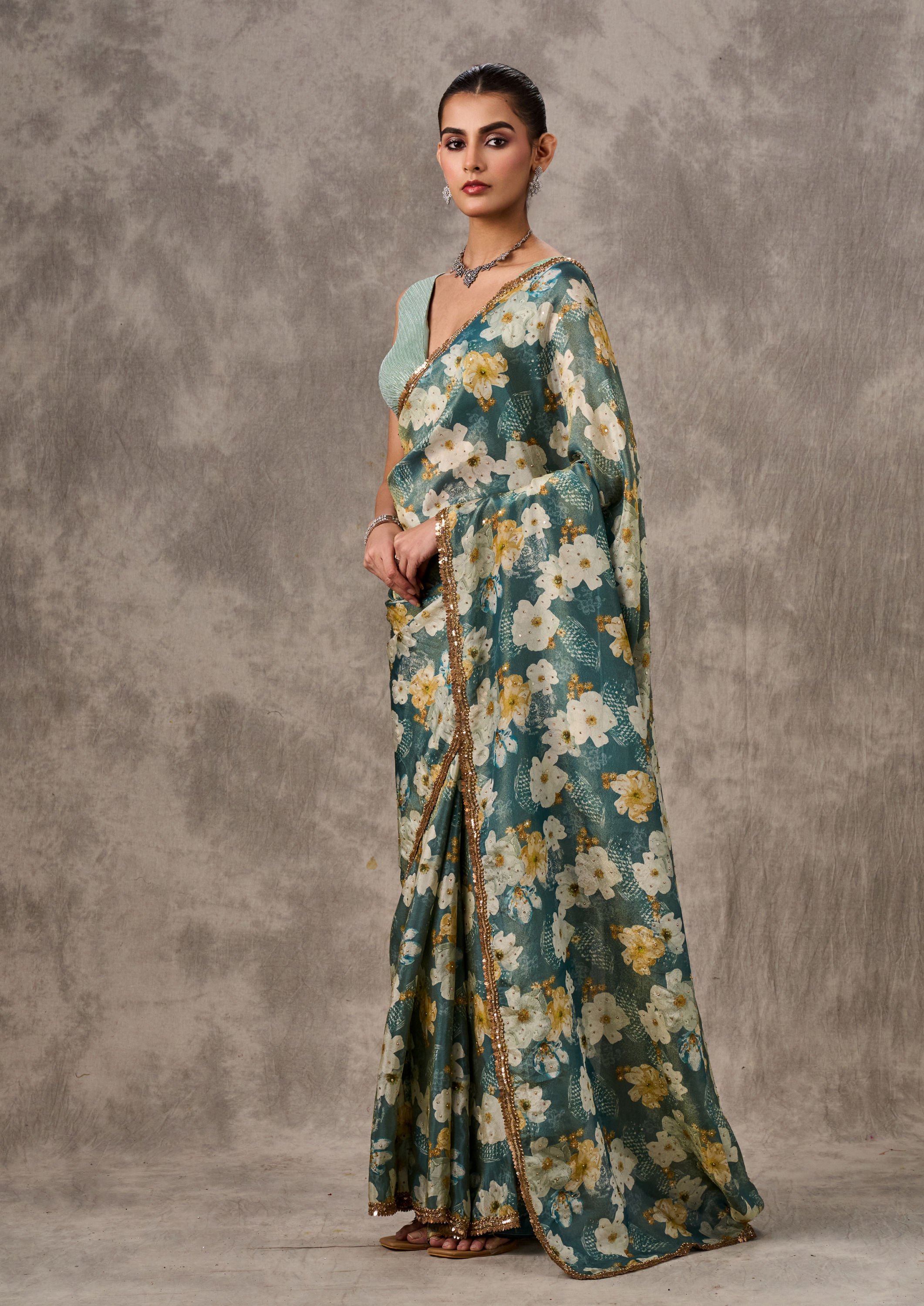 Twamev Women Light Blue Tissue Elegance Saree