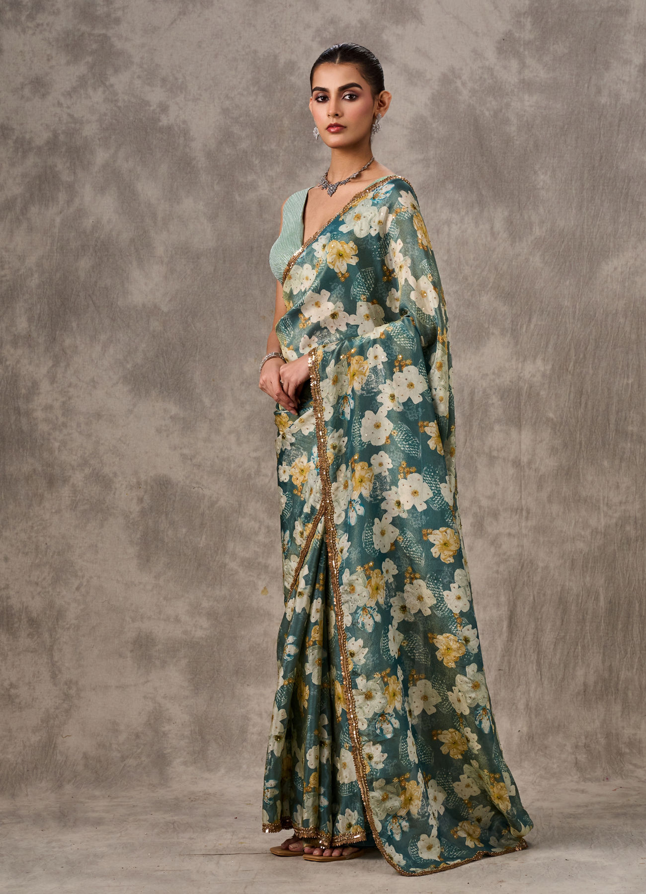 Twamev Women Light Blue Tissue Elegance Saree