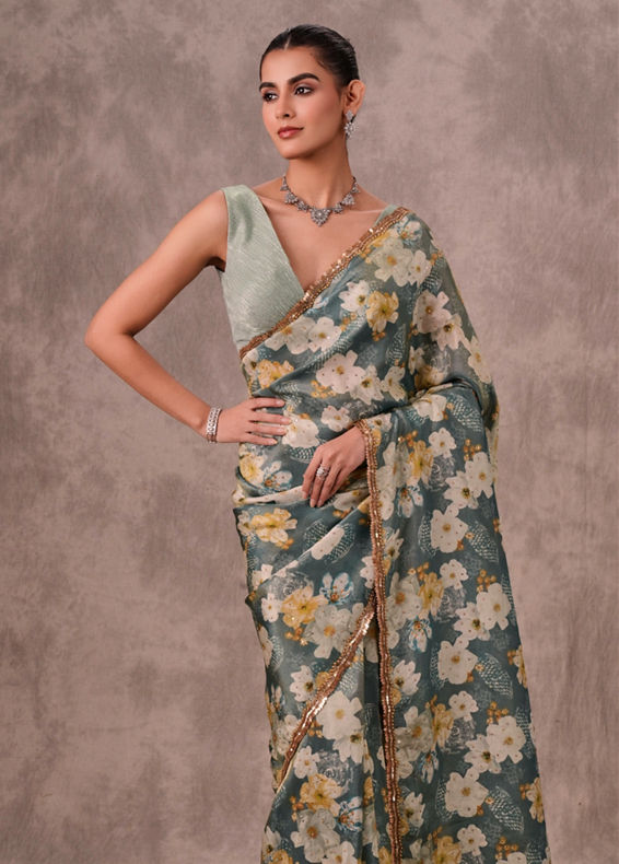 Twamev Women Light Blue Tissue Elegance Saree