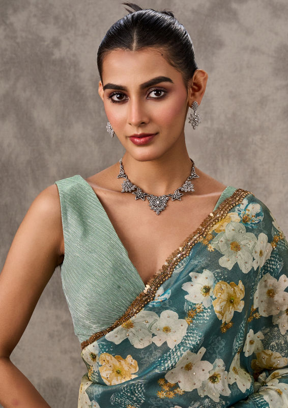 Twamev Women Light Blue Tissue Elegance Saree