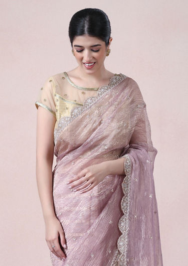 alt message - Twamev Women Sheen Purple Tissue Saree image number 1