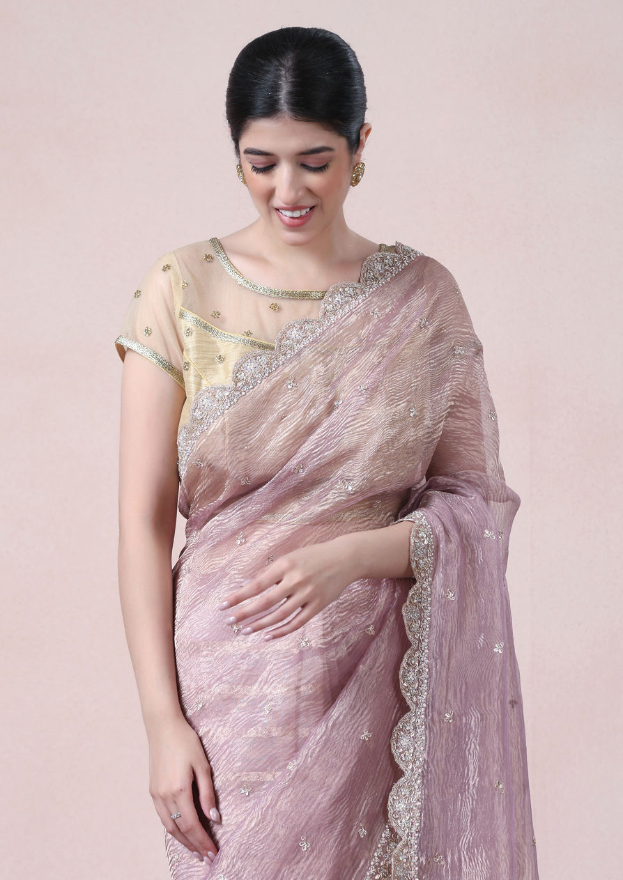 alt message - Twamev Women Sheen Purple Tissue Saree image number 1