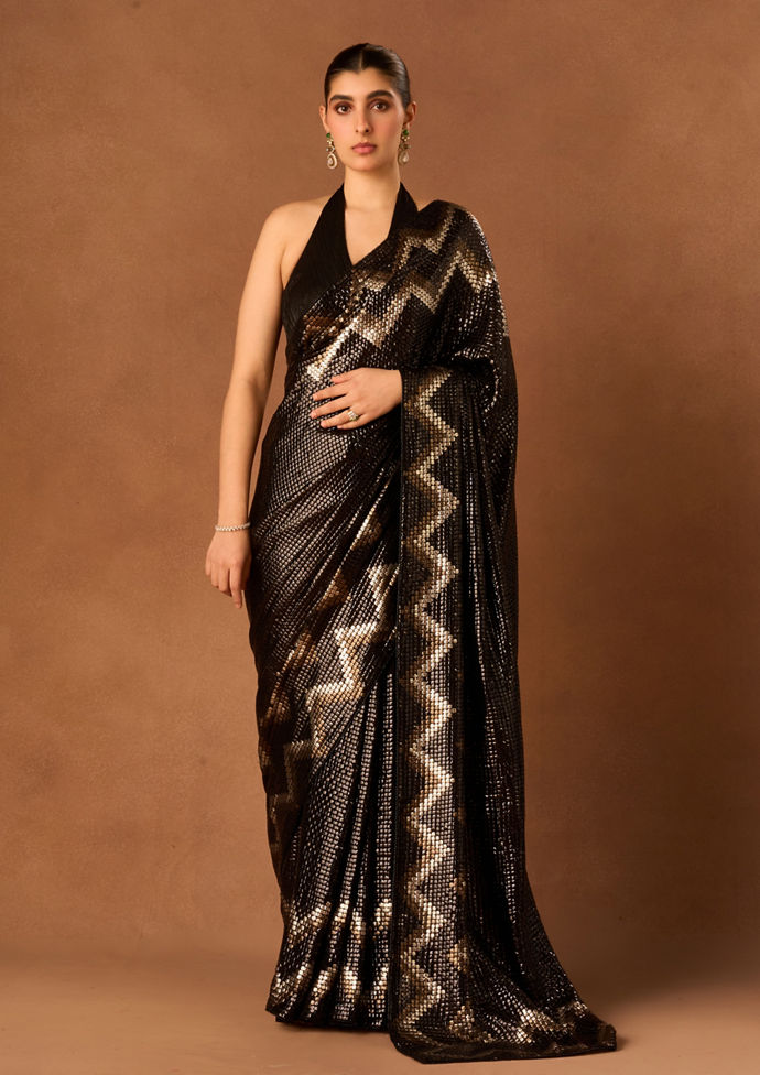 Twamev Women Black Georgette Saree with Sequin Work