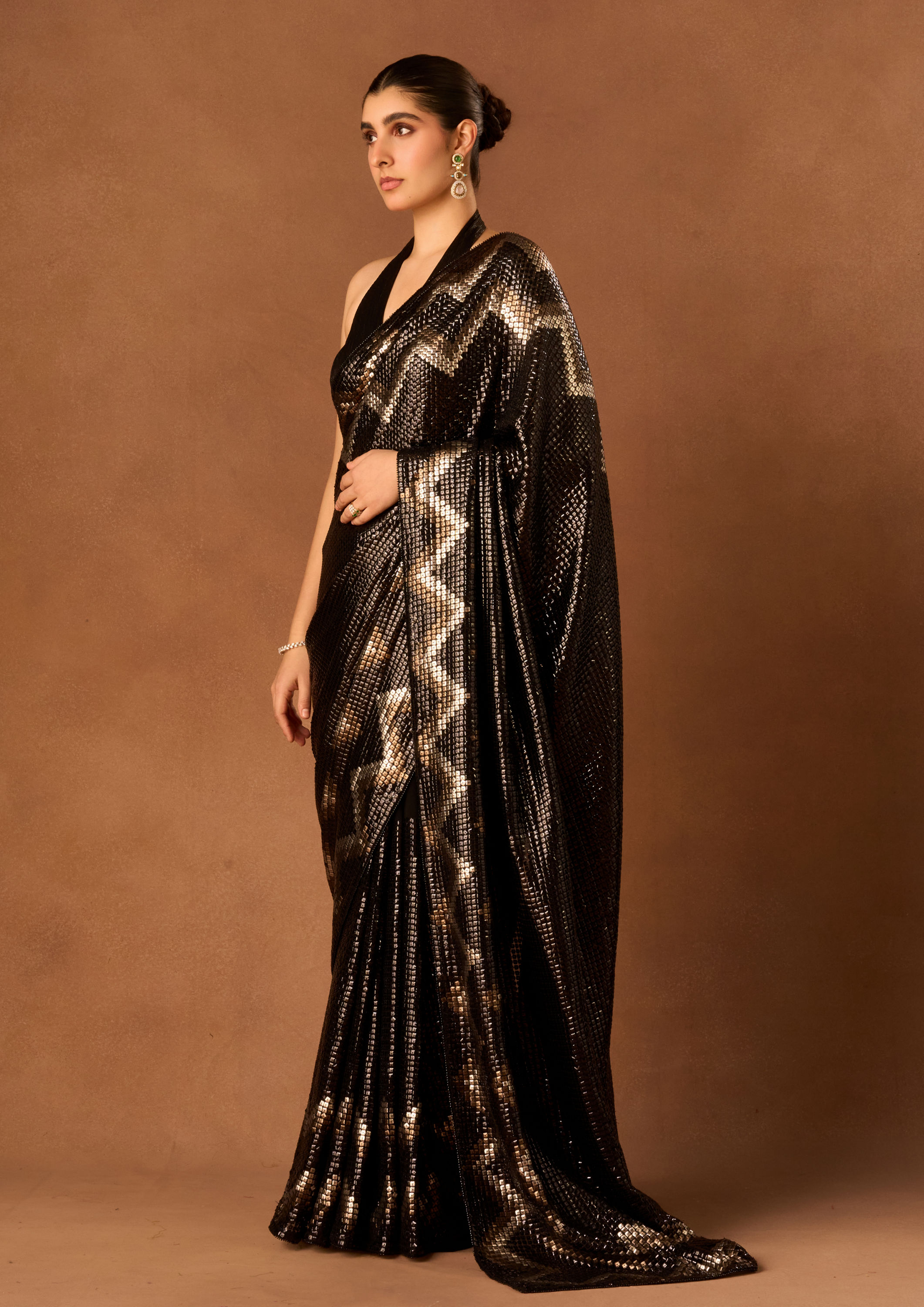 Twamev Women Black Georgette Saree with Sequin Work