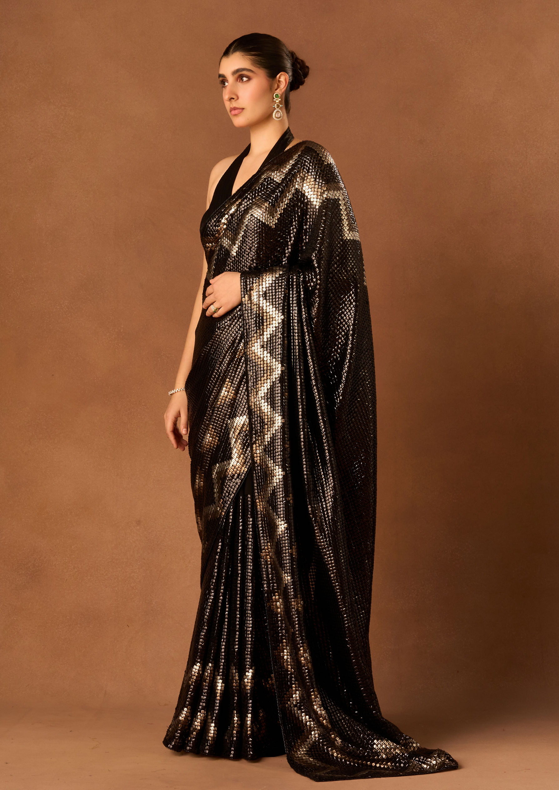 Twamev Women Black Georgette Saree with Sequin Work