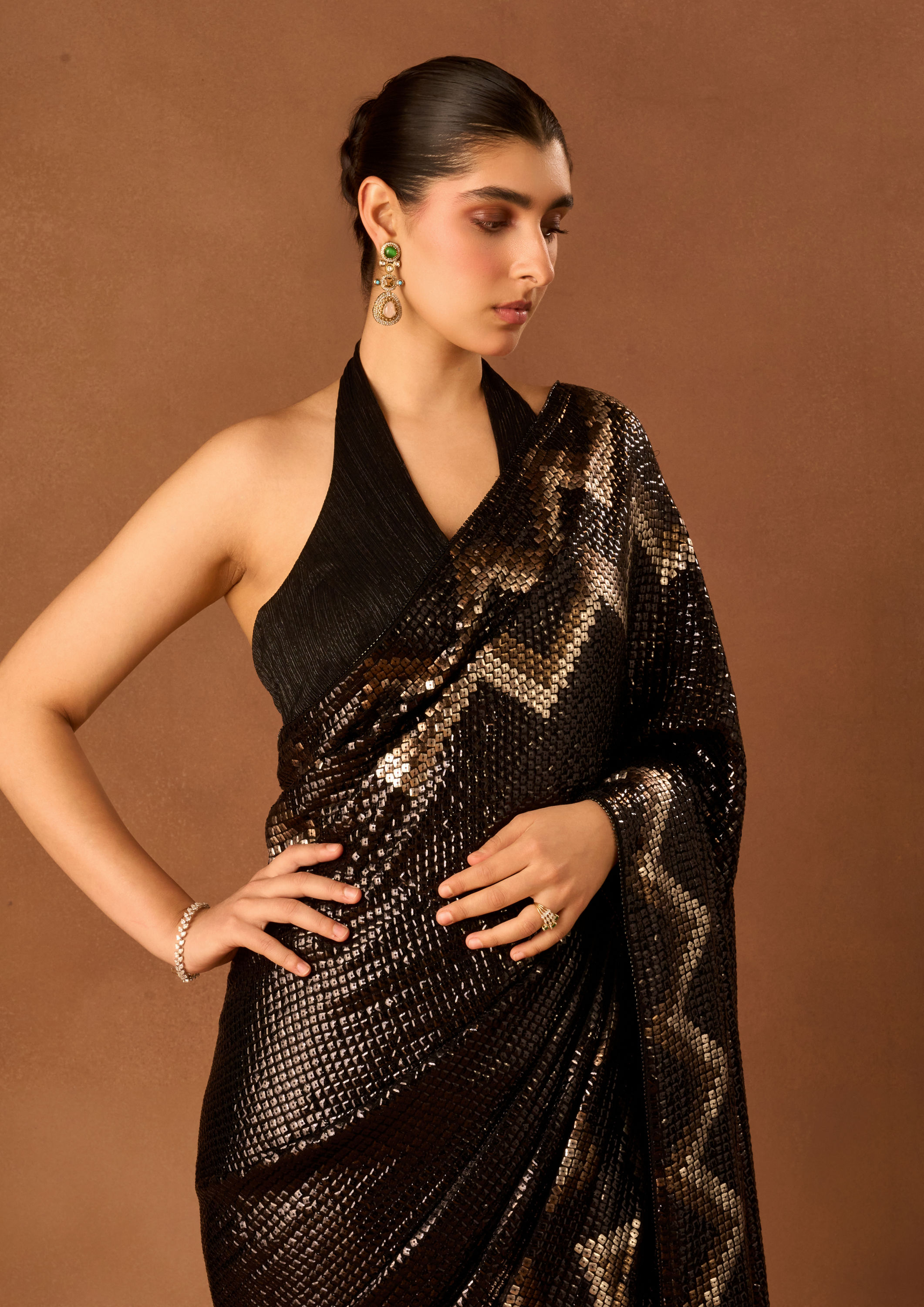 Twamev Women Black Georgette Saree with Sequin Work