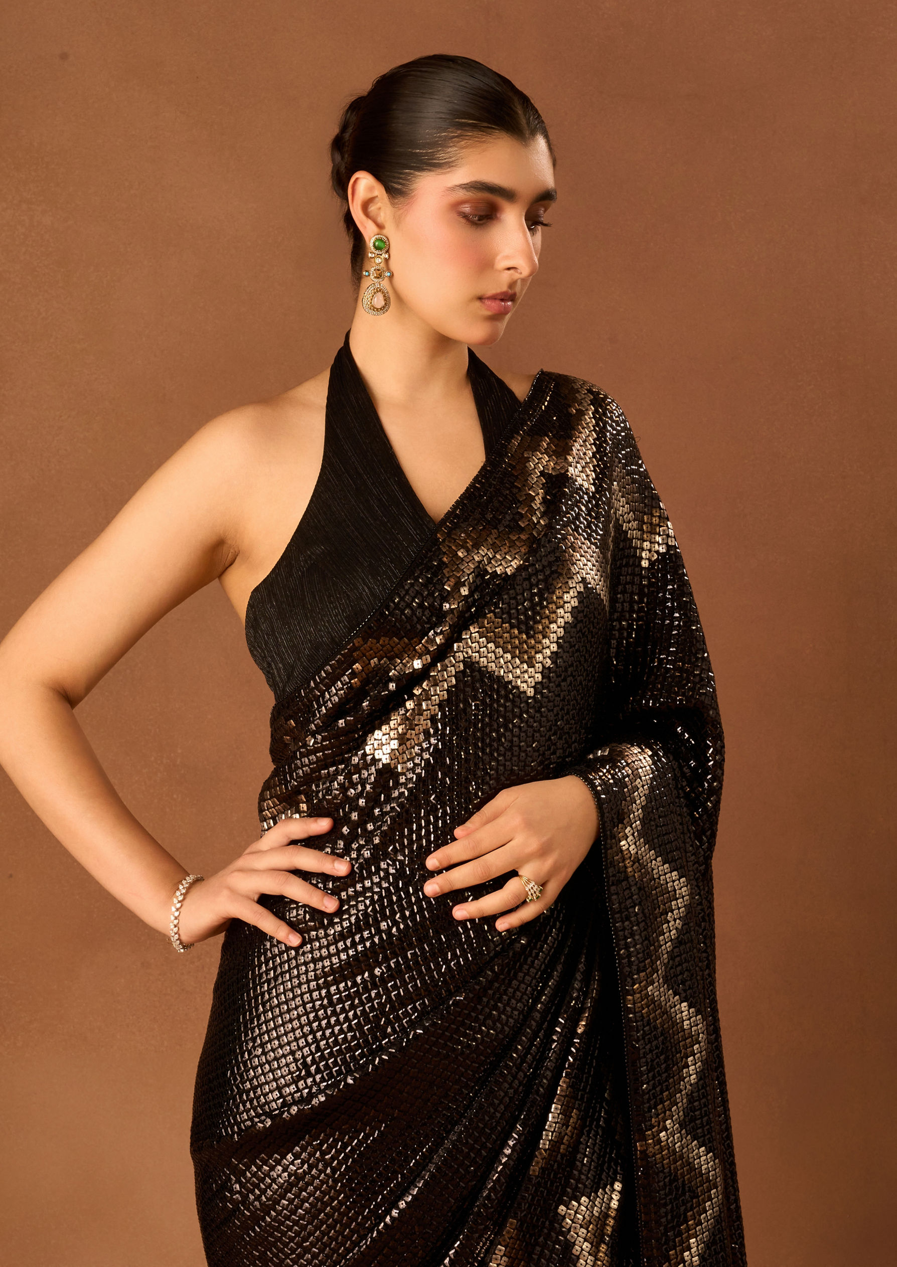 Twamev Women Black Georgette Saree with Sequin Work
