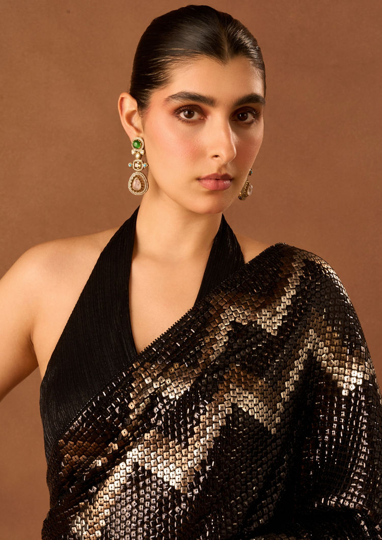 Twamev Women Black Georgette Saree with Sequin Work