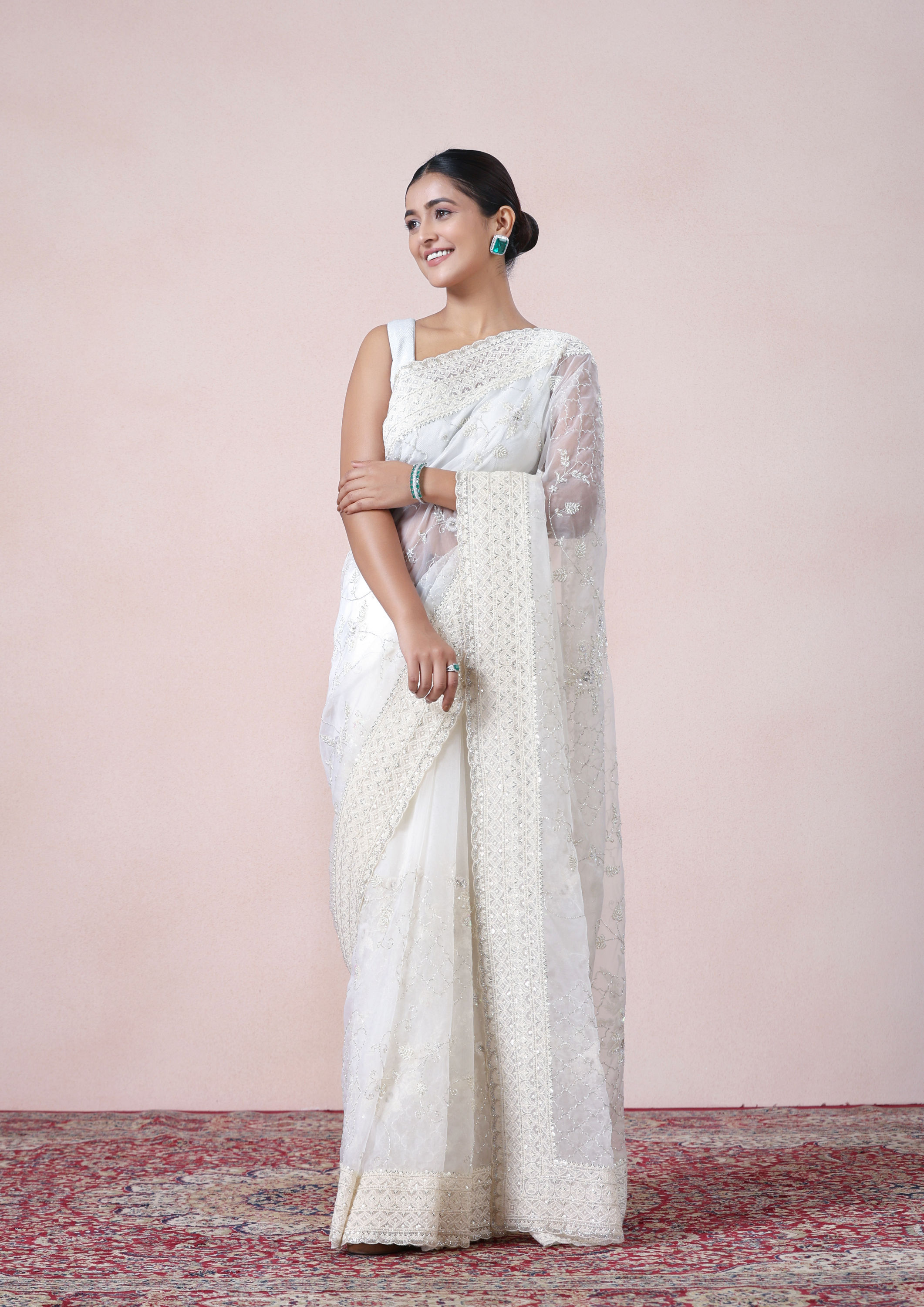 Twamev Women Vision in Cream Organza Saree