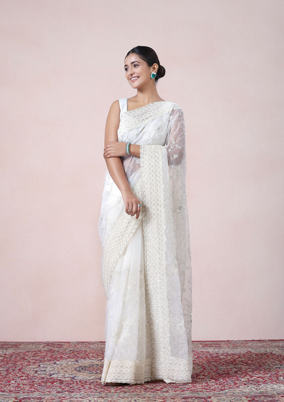Twamev Women Vision in Cream Organza Saree