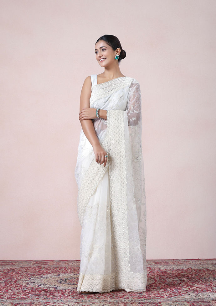 Twamev Women Vision in Cream Organza Saree