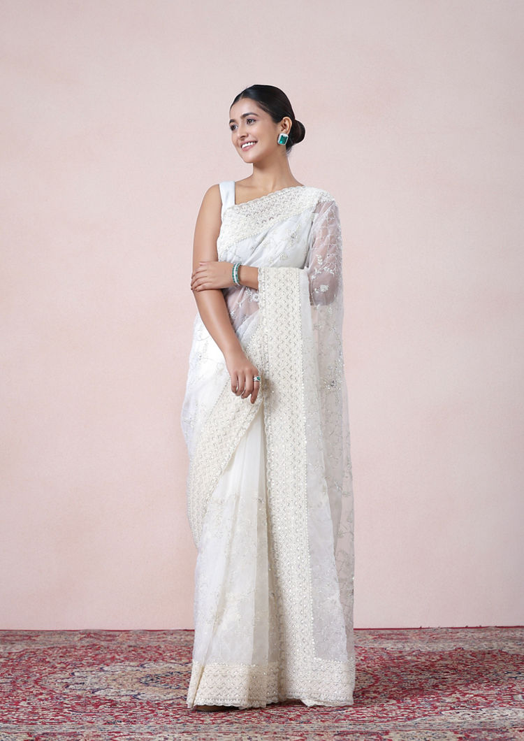 Twamev Women Vision in Cream Organza Saree