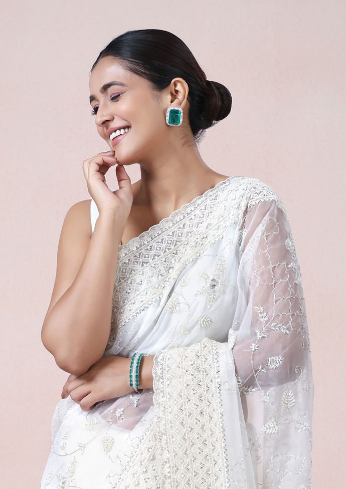 Twamev Women Vision in Cream Organza Saree