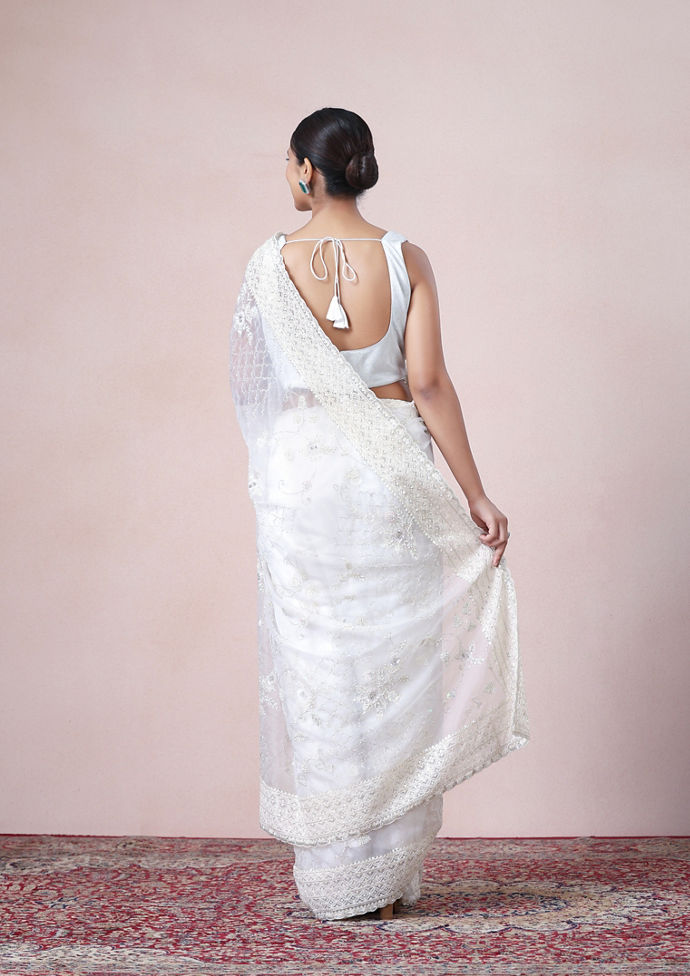 Twamev Women Vision in Cream Organza Saree