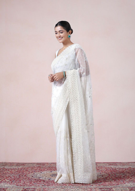 Twamev Women Vision in Cream Organza Saree