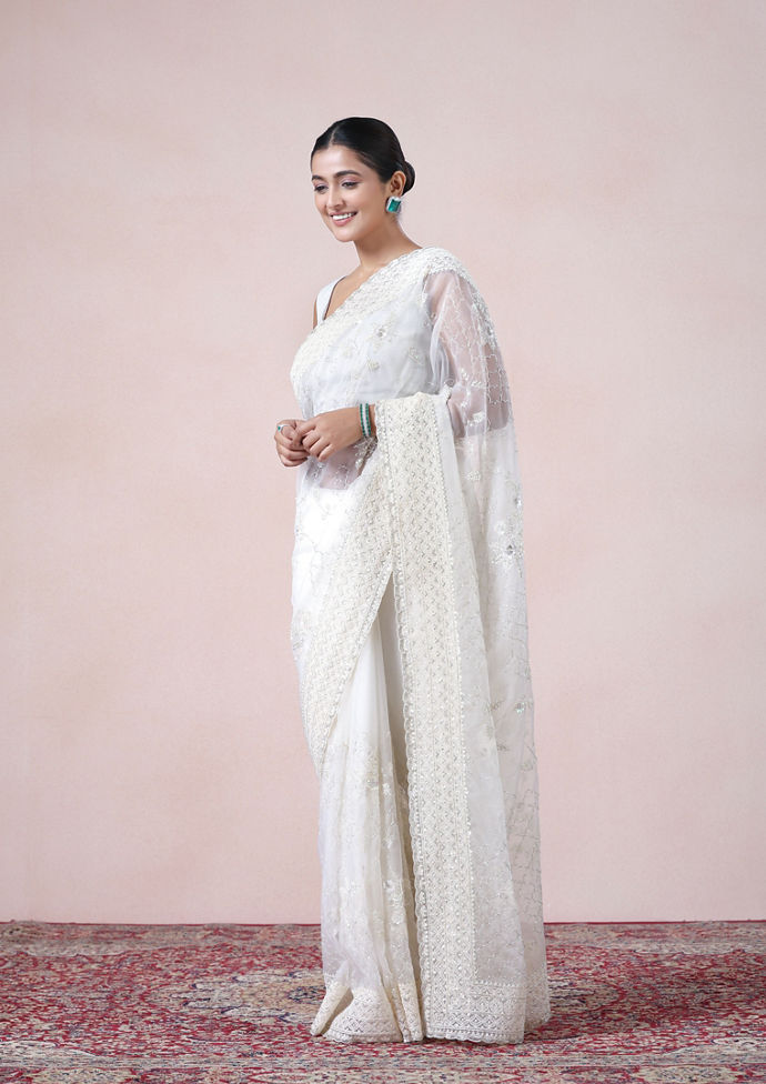 Twamev Women Vision in Cream Organza Saree