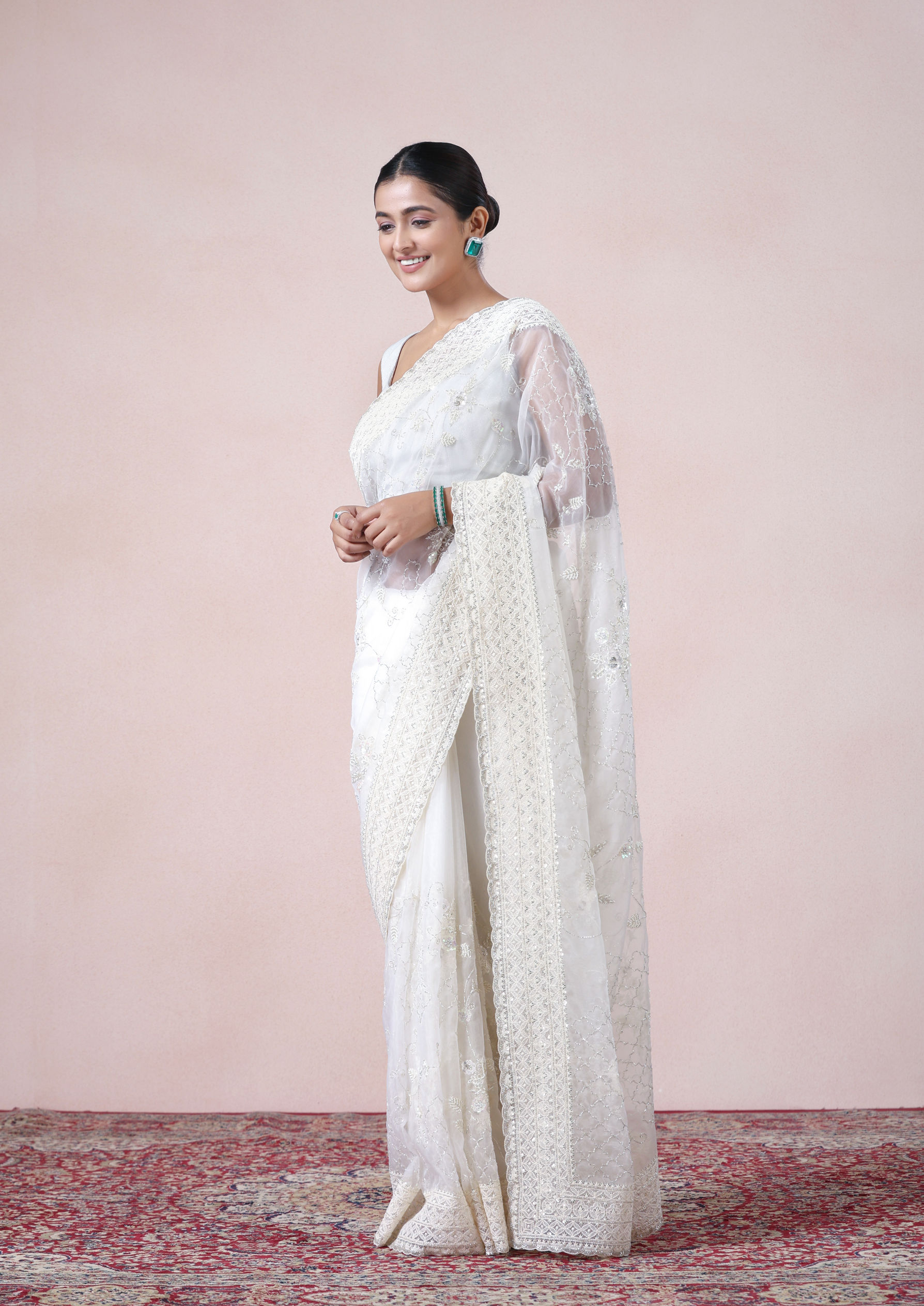 Twamev Women Vision in Cream Organza Saree