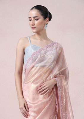 alt message - Twamev Women Subtle Luxury Pink Organza Saree image number 1