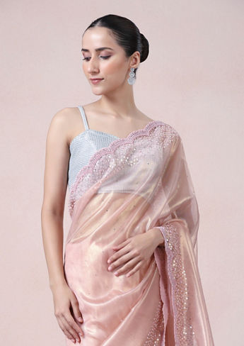 alt message - Twamev Women Subtle Luxury Pink Organza Saree image number 1