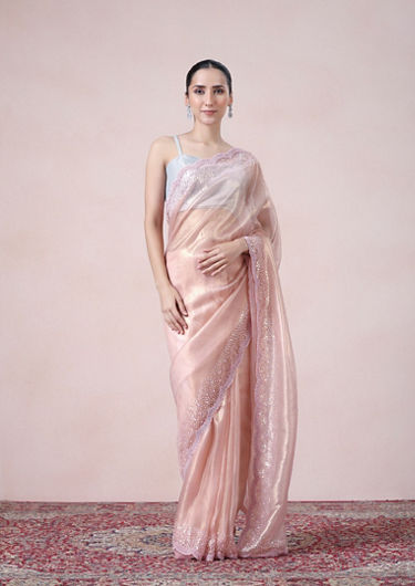 alt message - Twamev Women Subtle Luxury Pink Organza Saree image number 0