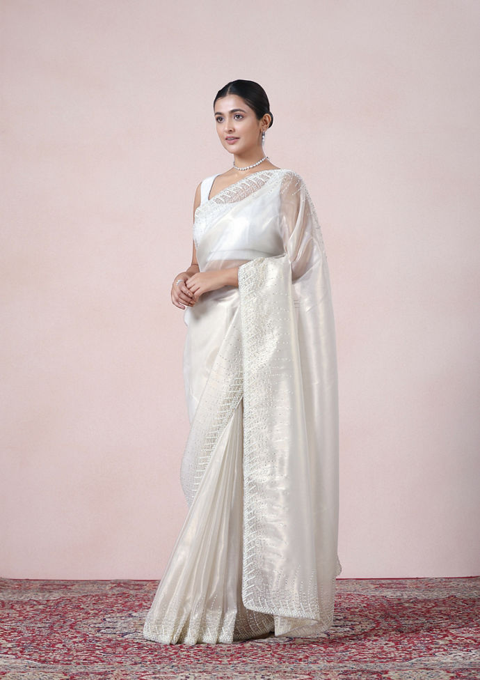 Twamev Women Creamy Sheen Organza Saree
