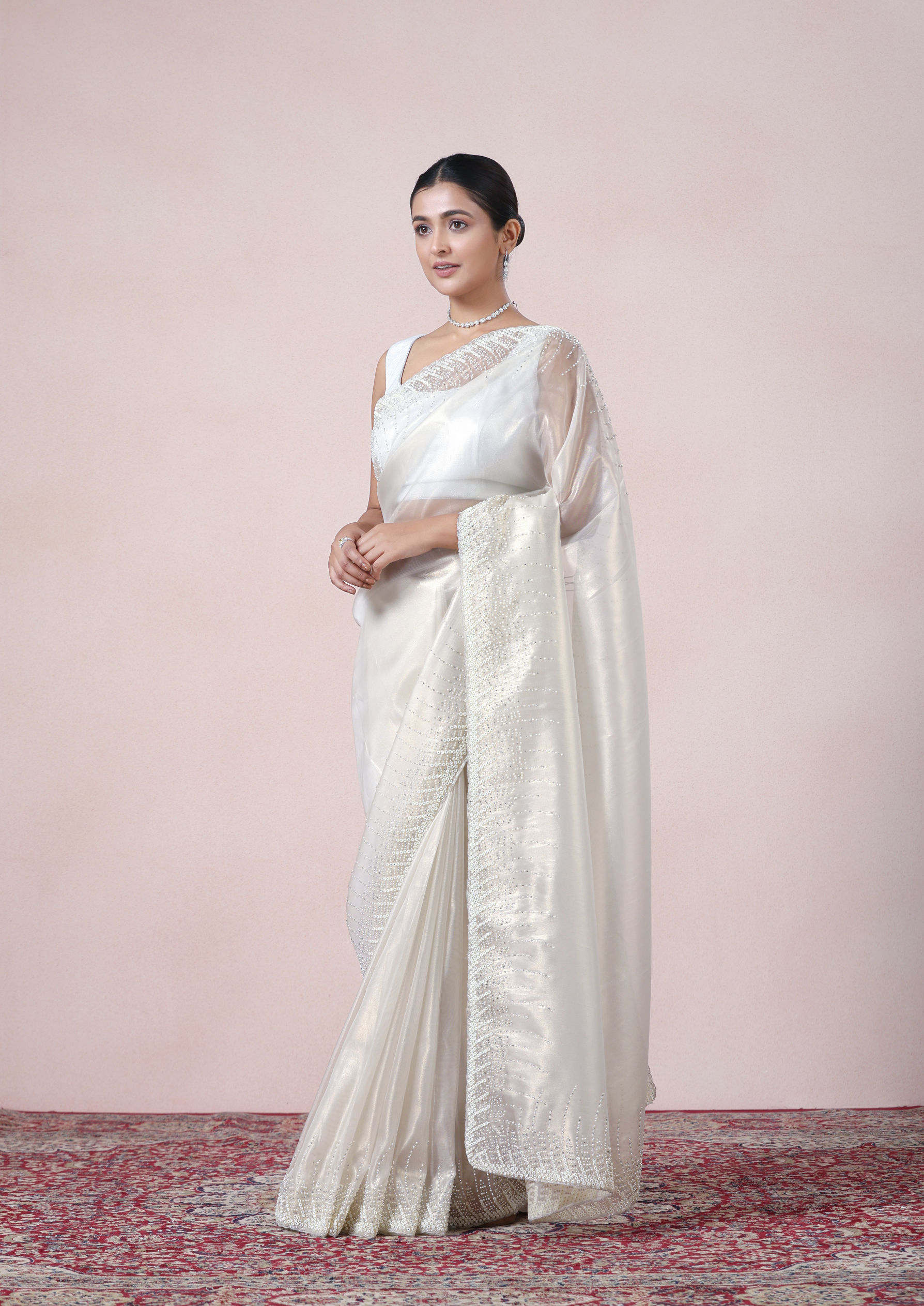 Twamev Women Creamy Sheen Organza Saree