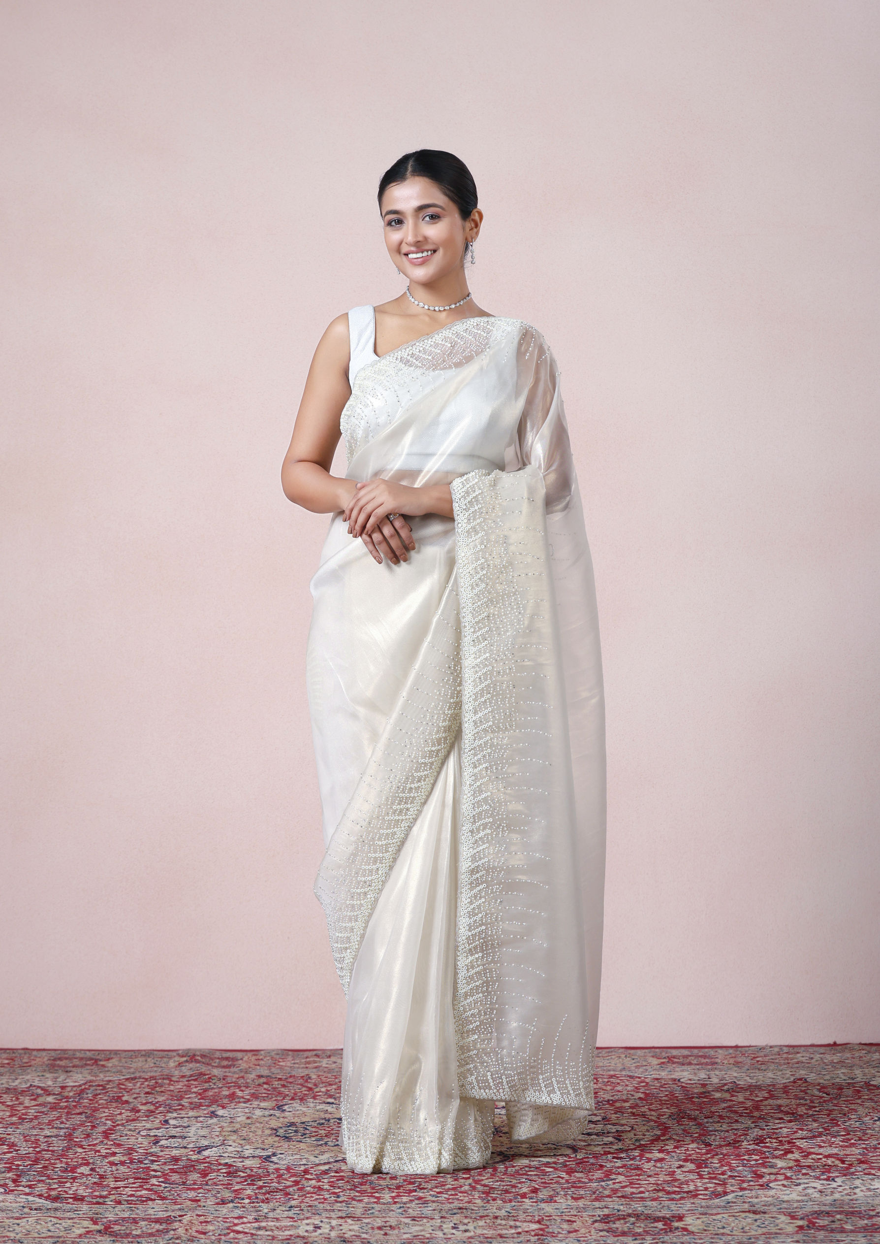 Twamev Women Creamy Sheen Organza Saree