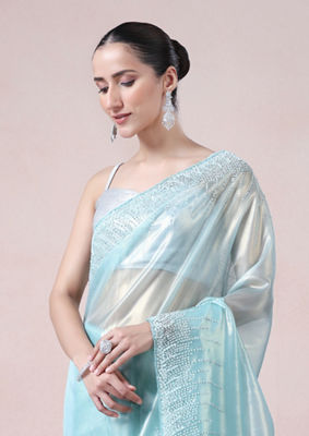 alt message - Twamev Women Sophisticated Sea Green Organza Saree image number 1