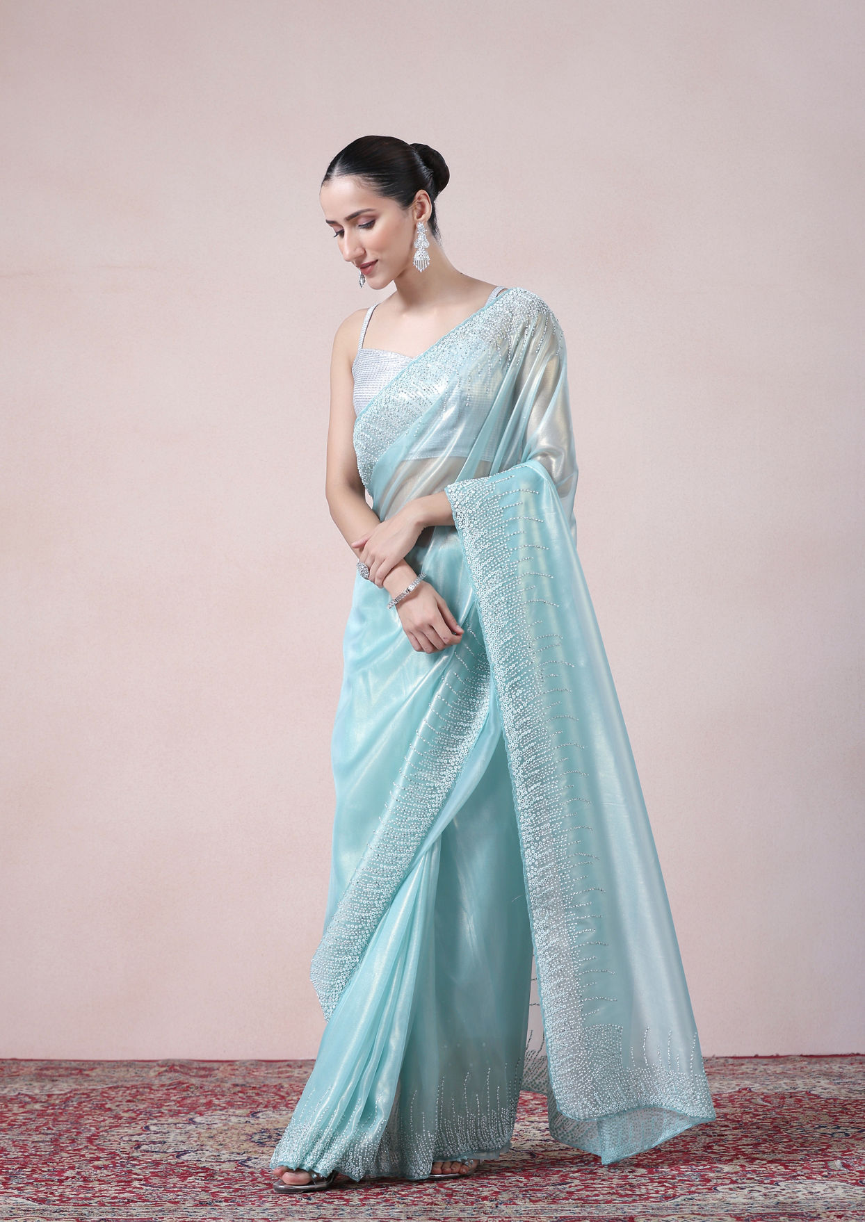 alt message - Twamev Women Sophisticated Sea Green Organza Saree image number 3