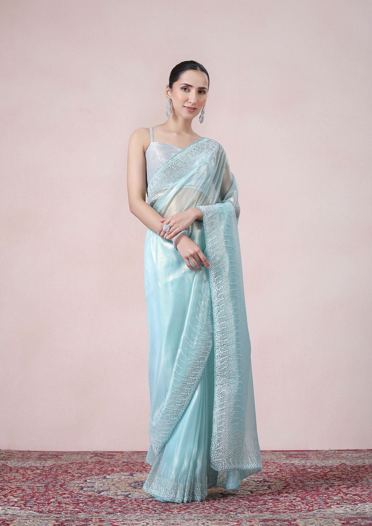 alt message - Twamev Women Sophisticated Sea Green Organza Saree image number 0