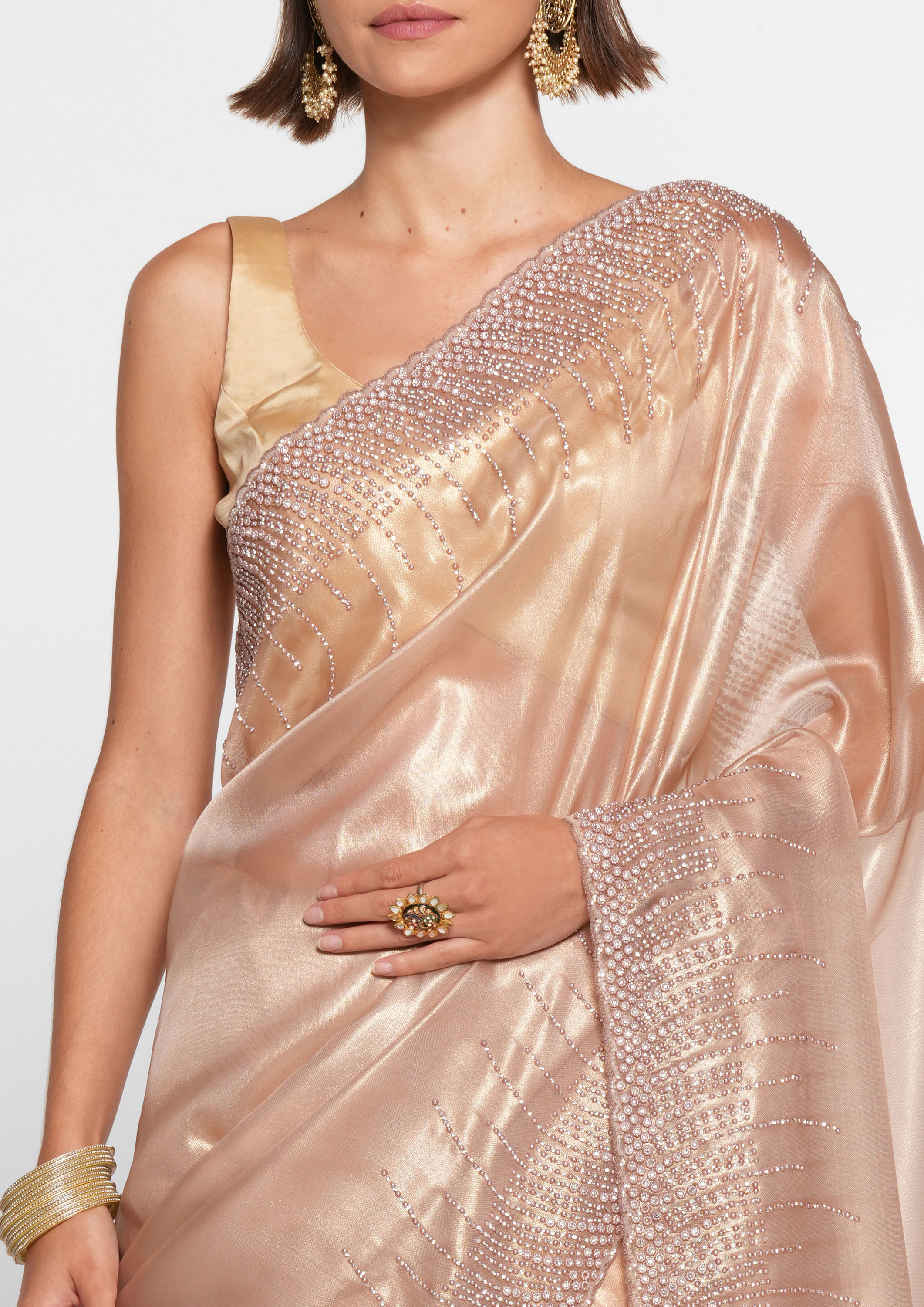 Twamev Women Elegant Fawn Organza Saree