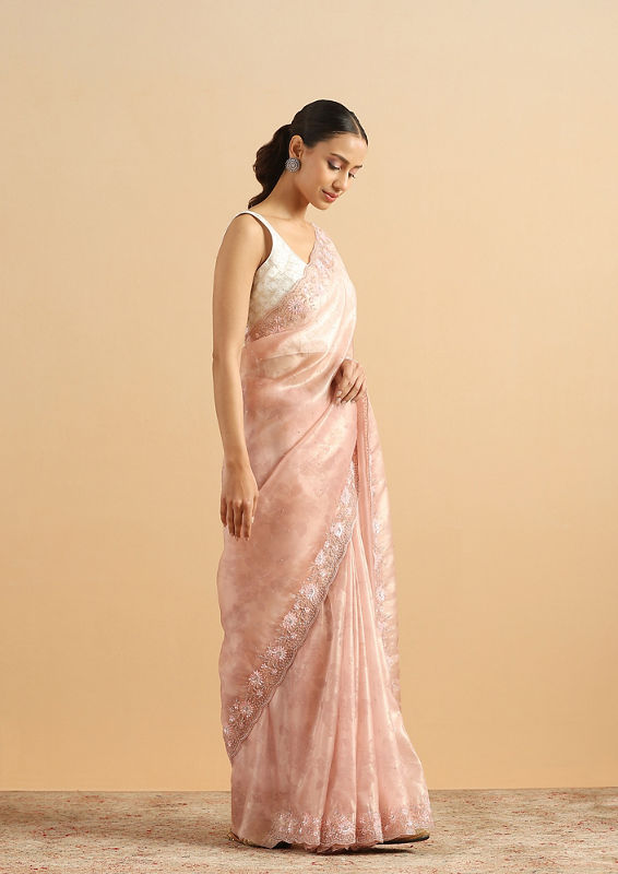 Twamev Women Floral Fawn Pink Organza Saree
