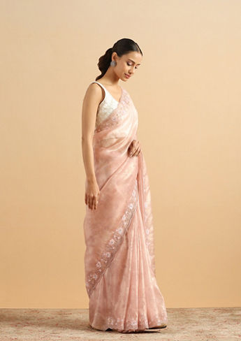 alt message - Twamev Women Floral Fawn Pink Organza Saree image number 3