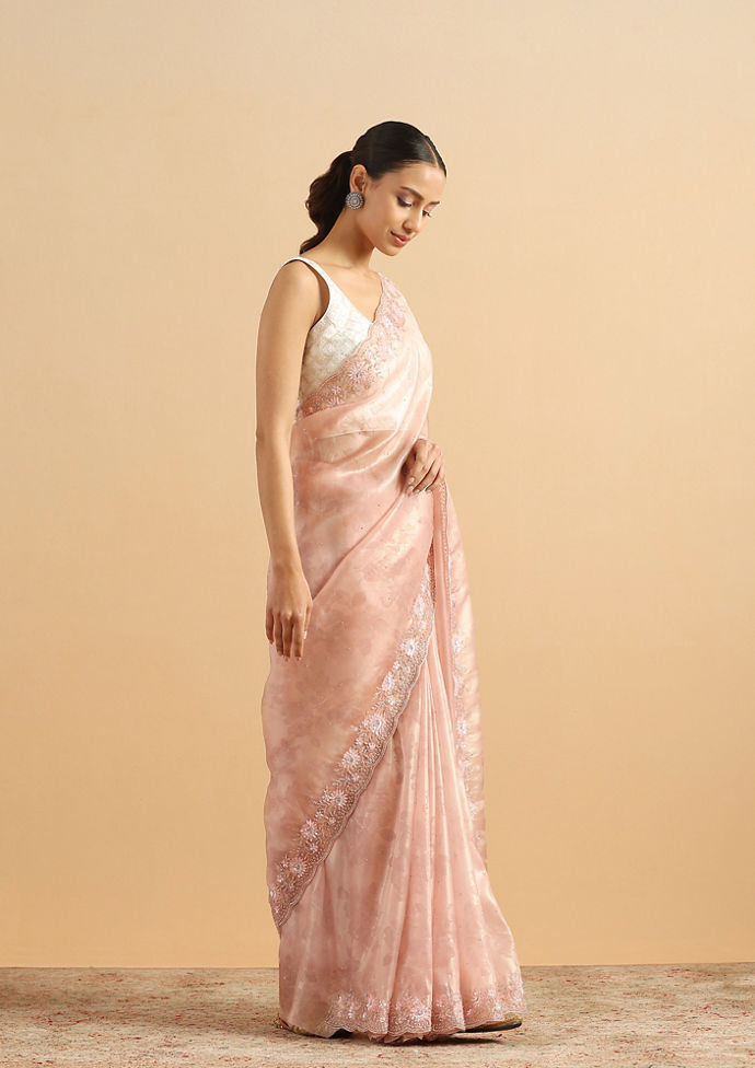 Twamev Women Floral Fawn Pink Organza Saree