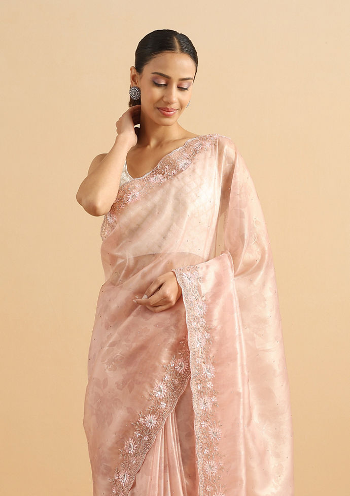 Twamev Women Floral Fawn Pink Organza Saree