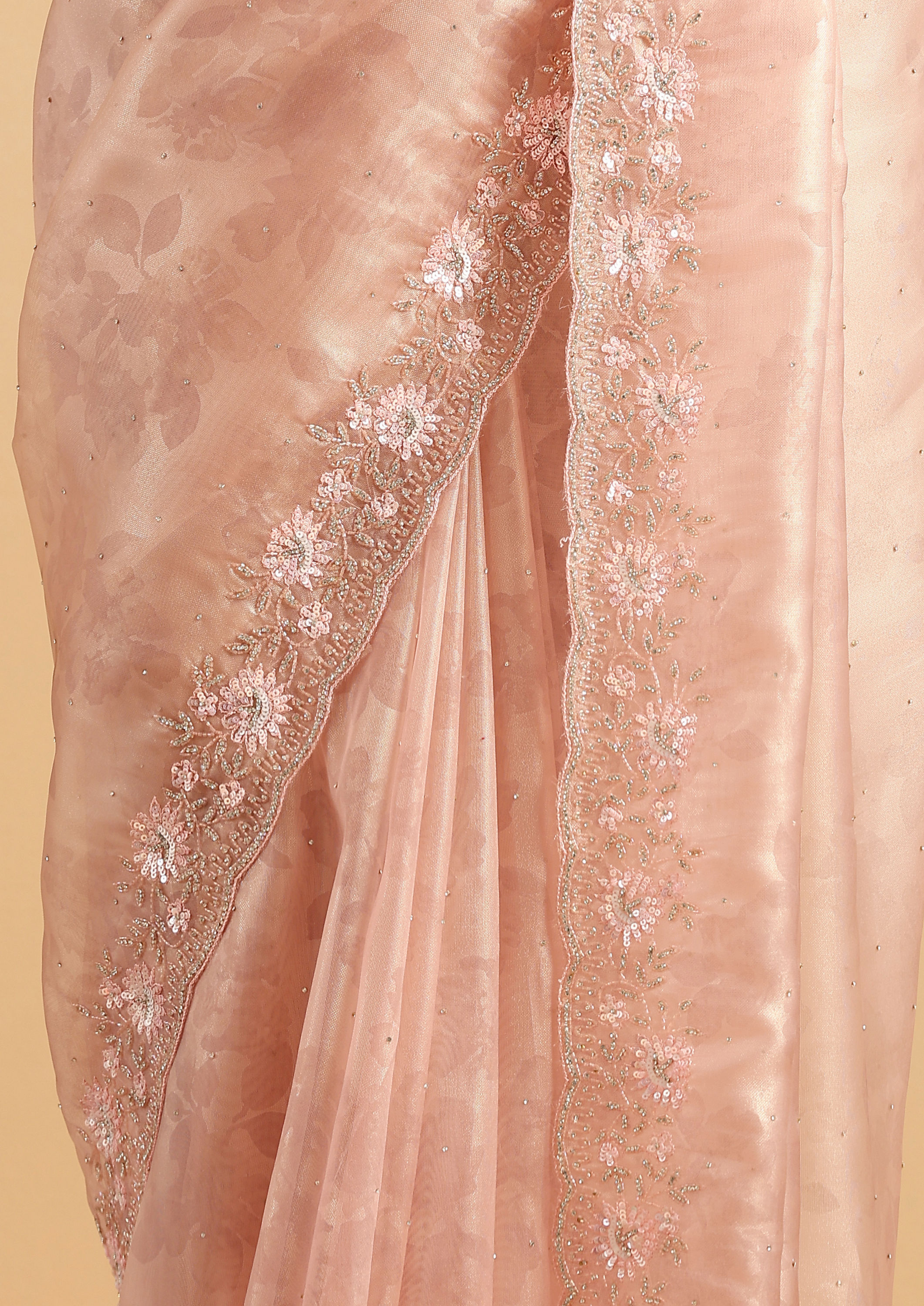 Twamev Women Floral Fawn Pink Organza Saree