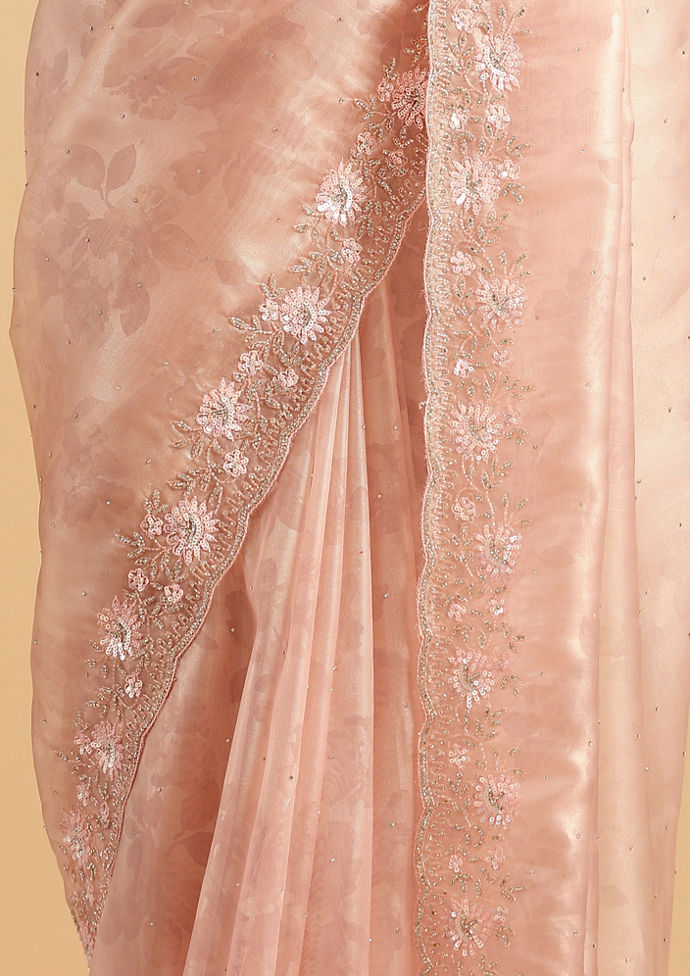 Twamev Women Floral Fawn Pink Organza Saree
