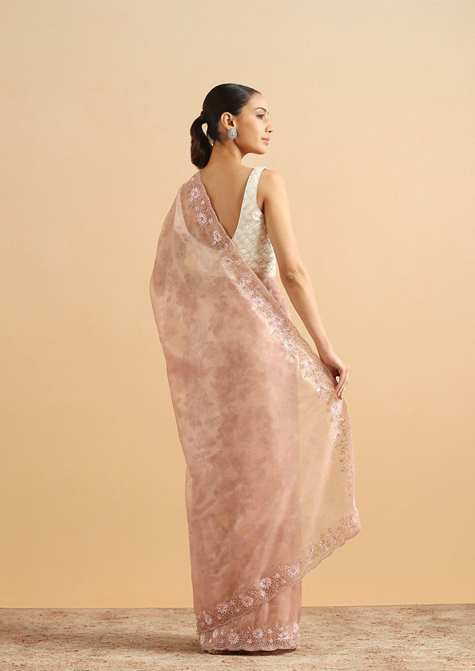 Twamev Women Floral Fawn Pink Organza Saree
