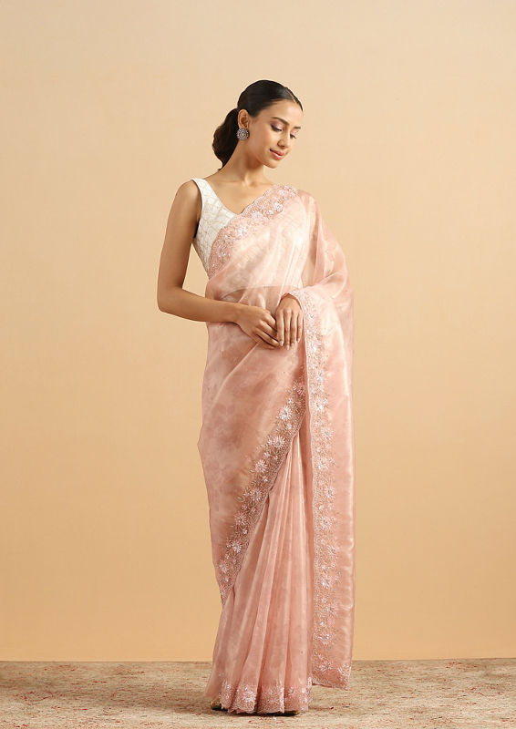 Twamev Women Floral Fawn Pink Organza Saree