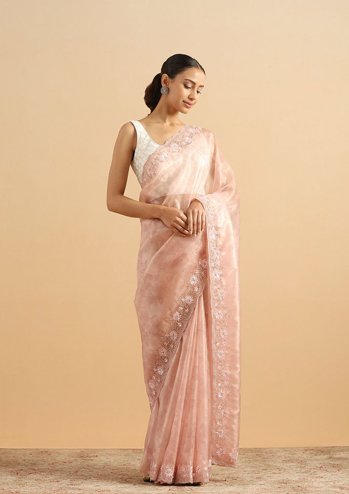 Twamev Women Floral Fawn Pink Organza Saree