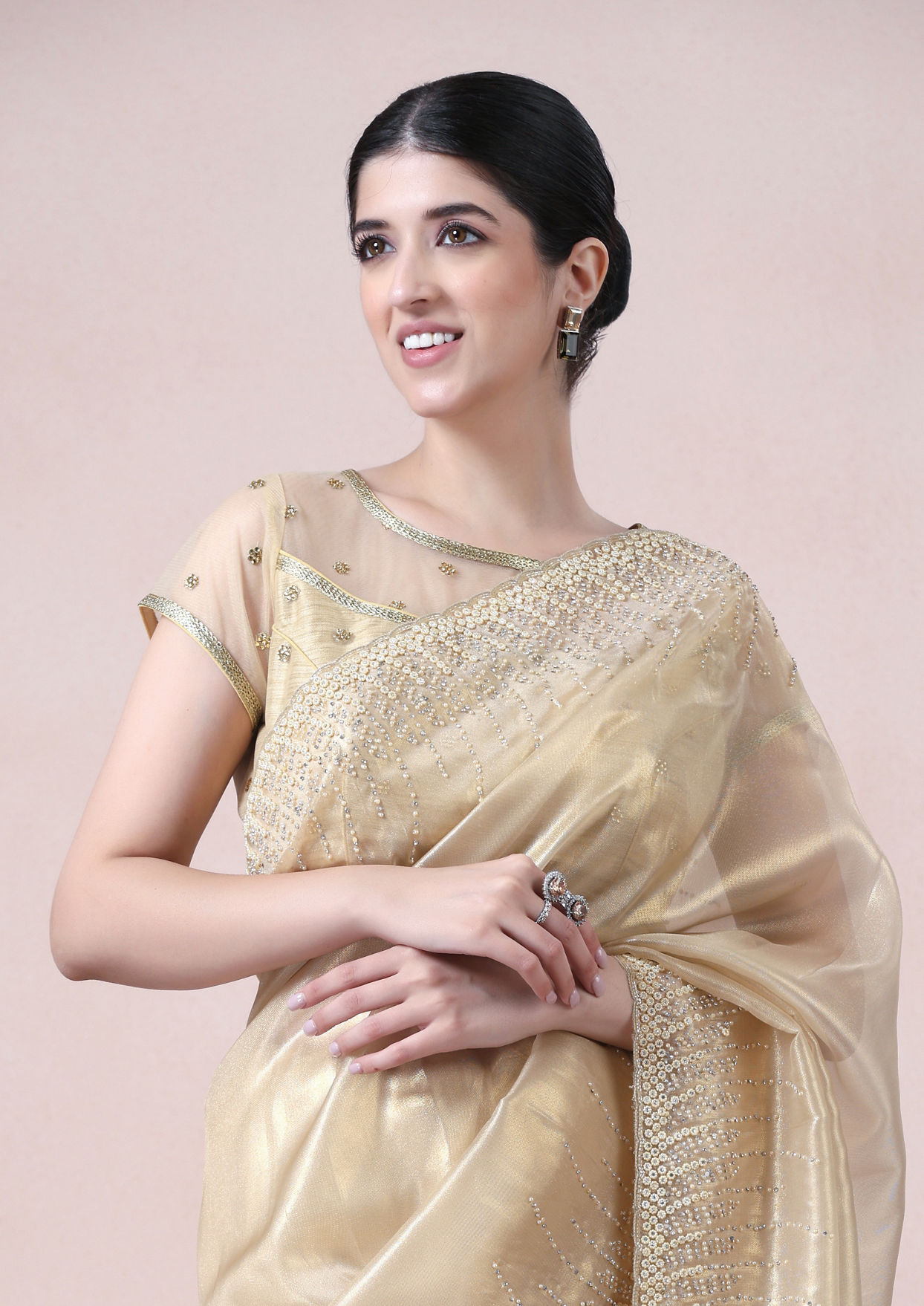 alt message - Twamev Women Opulent Fawn Organza Saree image number 1