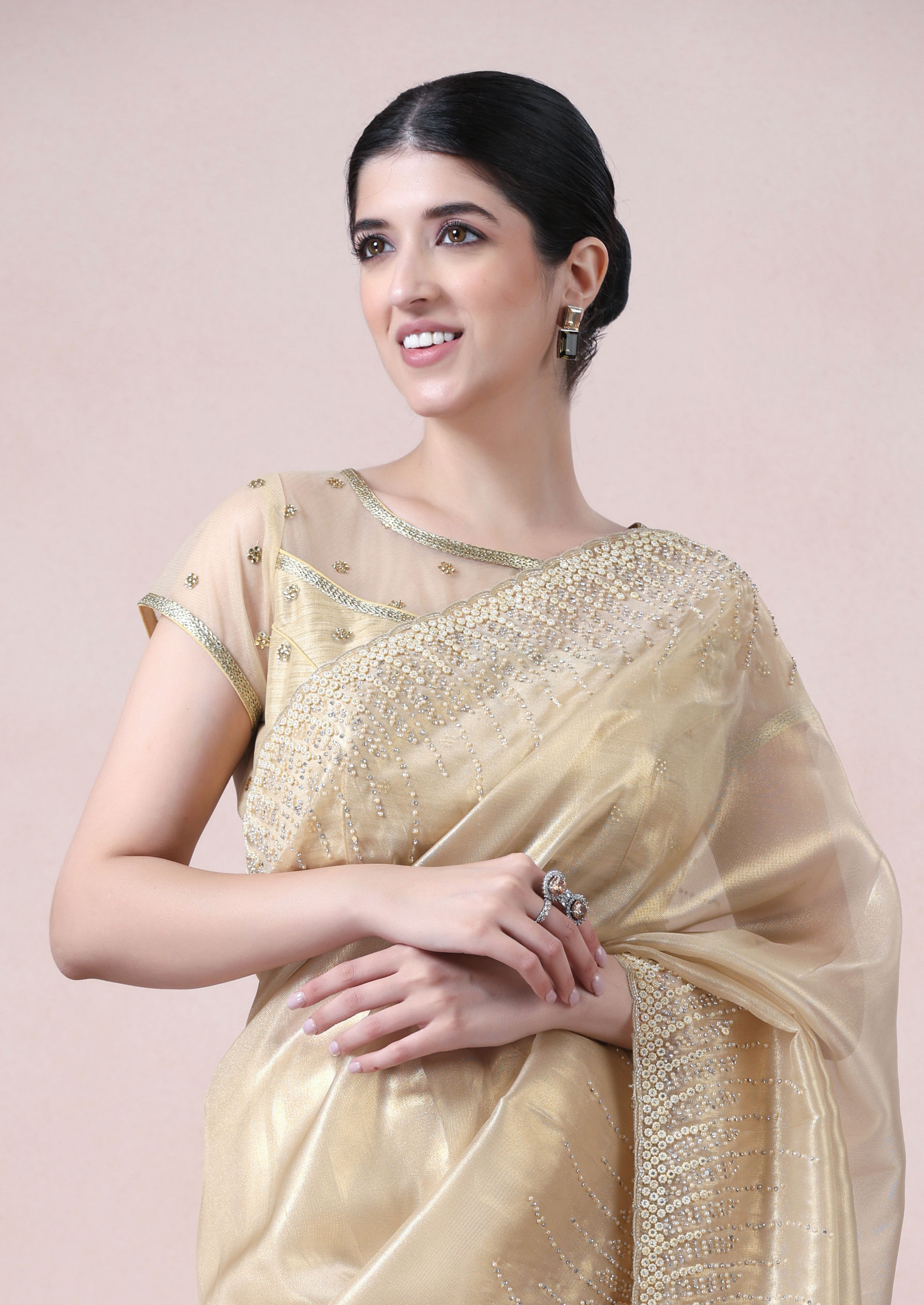 Twamev Women Opulent Fawn Organza Saree image number 1