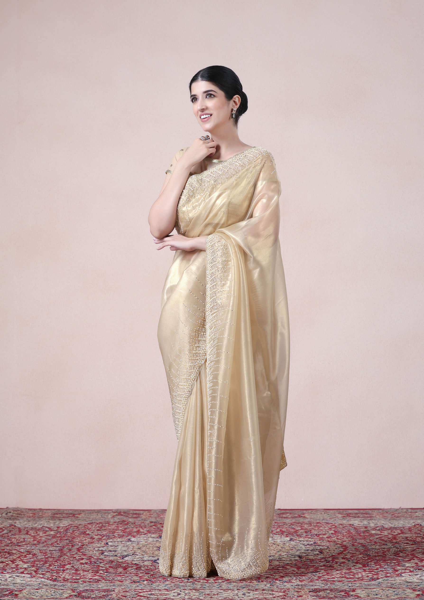 Twamev Women Opulent Fawn Organza Saree image number 3