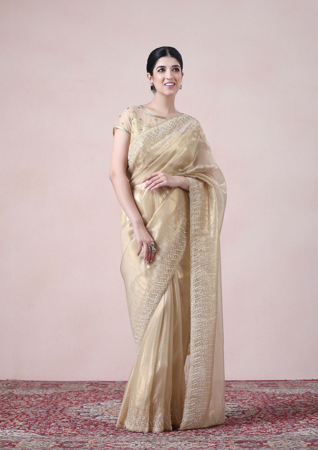 alt message - Twamev Women Opulent Fawn Organza Saree image number 0