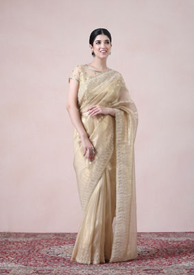 alt message - Twamev Women Opulent Fawn Organza Saree image number 0