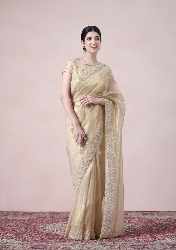 Twamev Women Opulent Fawn Organza Saree image number 0